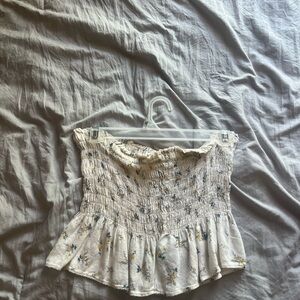 Hollister Floral Smocked Crop Top - Cream and Blue